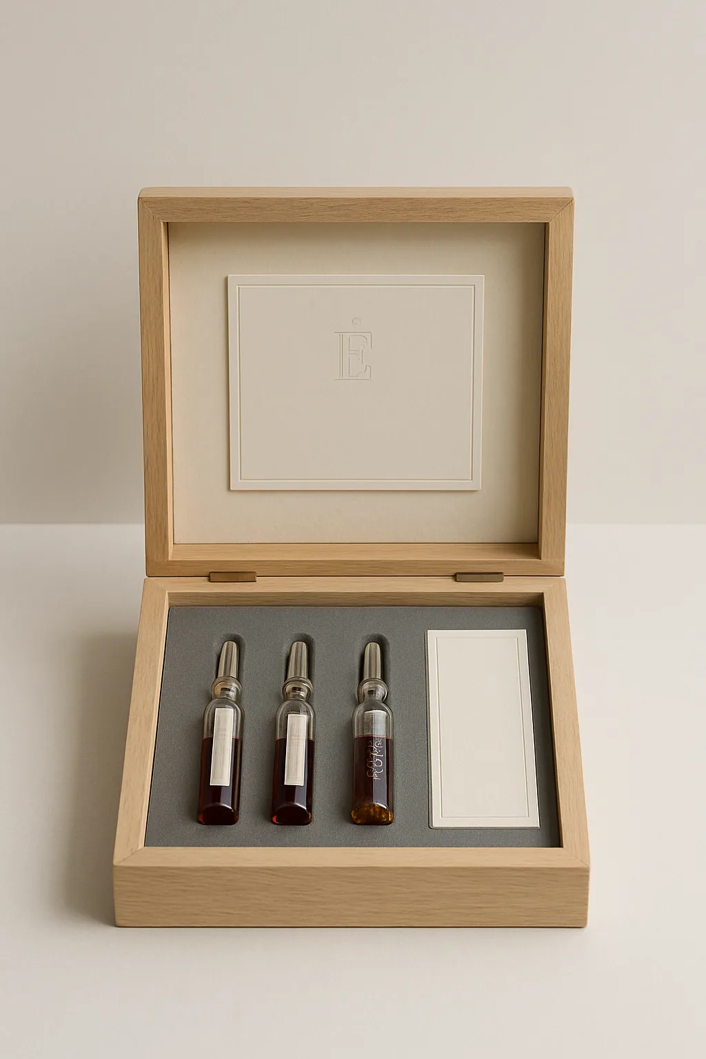 Le plateau du Parcellaire aux trois-quarts, bois pâle brut et ardoise.